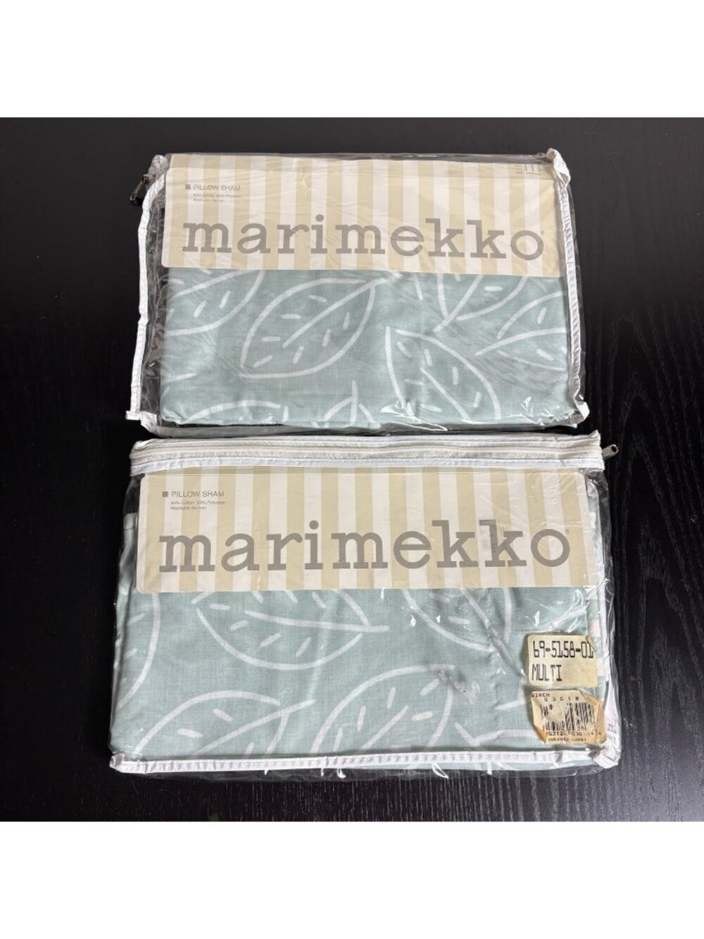 Vintage 90s MARIMEKKO Set of 2 Standard Size Pillow Shams Green Birch Leaf Print